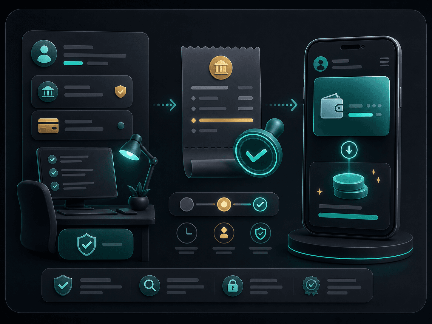 Cardholder approval illustration with receipt, operator panel and credited wallet