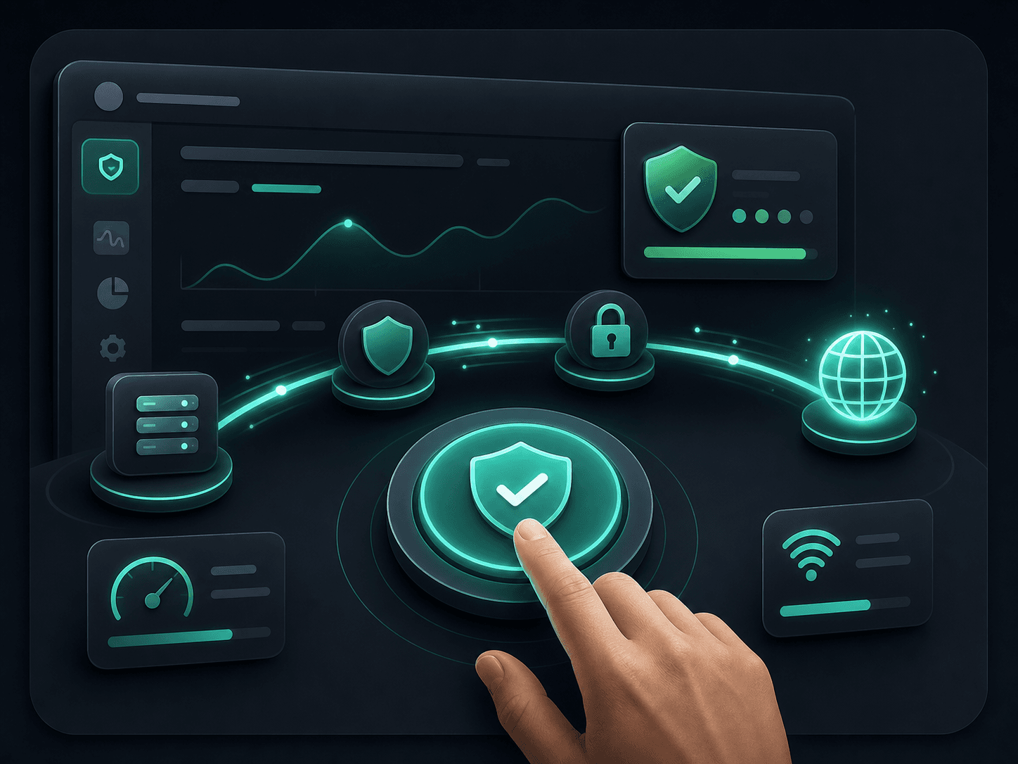One-tap connect illustration with a secure route path through verified nodes