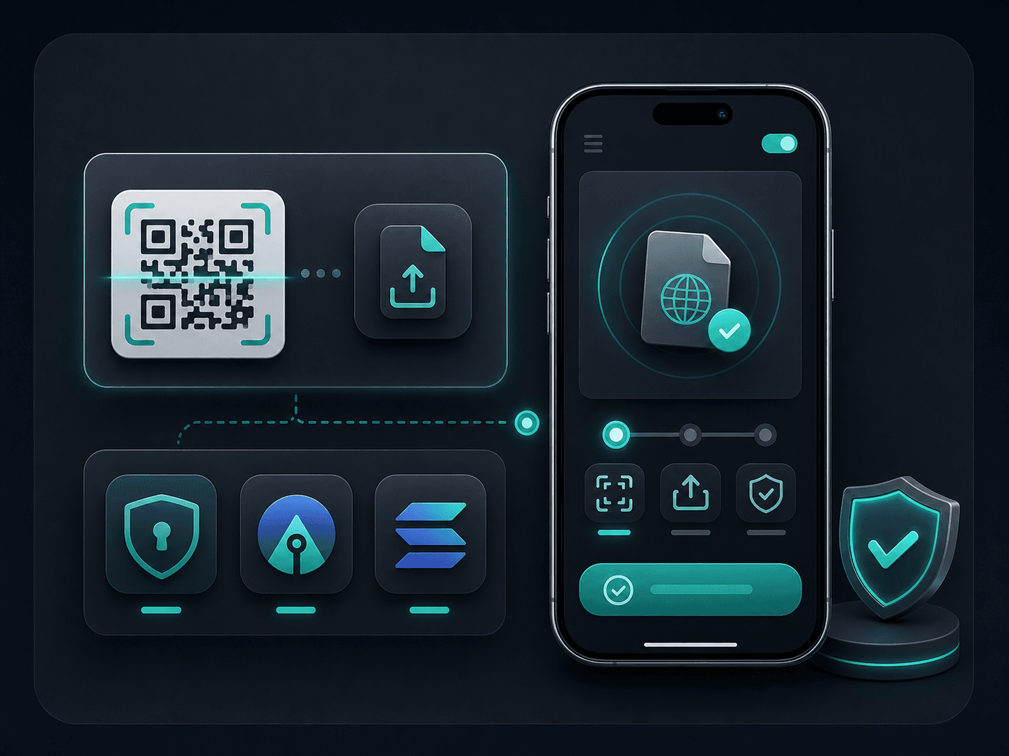 iPhone subscription import illustration with QR, upload icon and secure client tiles