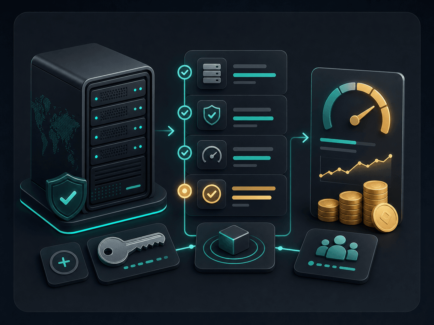 Supplier onboarding illustration with server, key, verification checklist and earnings meter