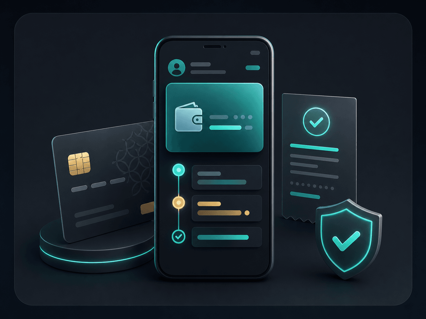 Wallet top-up illustration with a phone, card, receipt and secure check mark