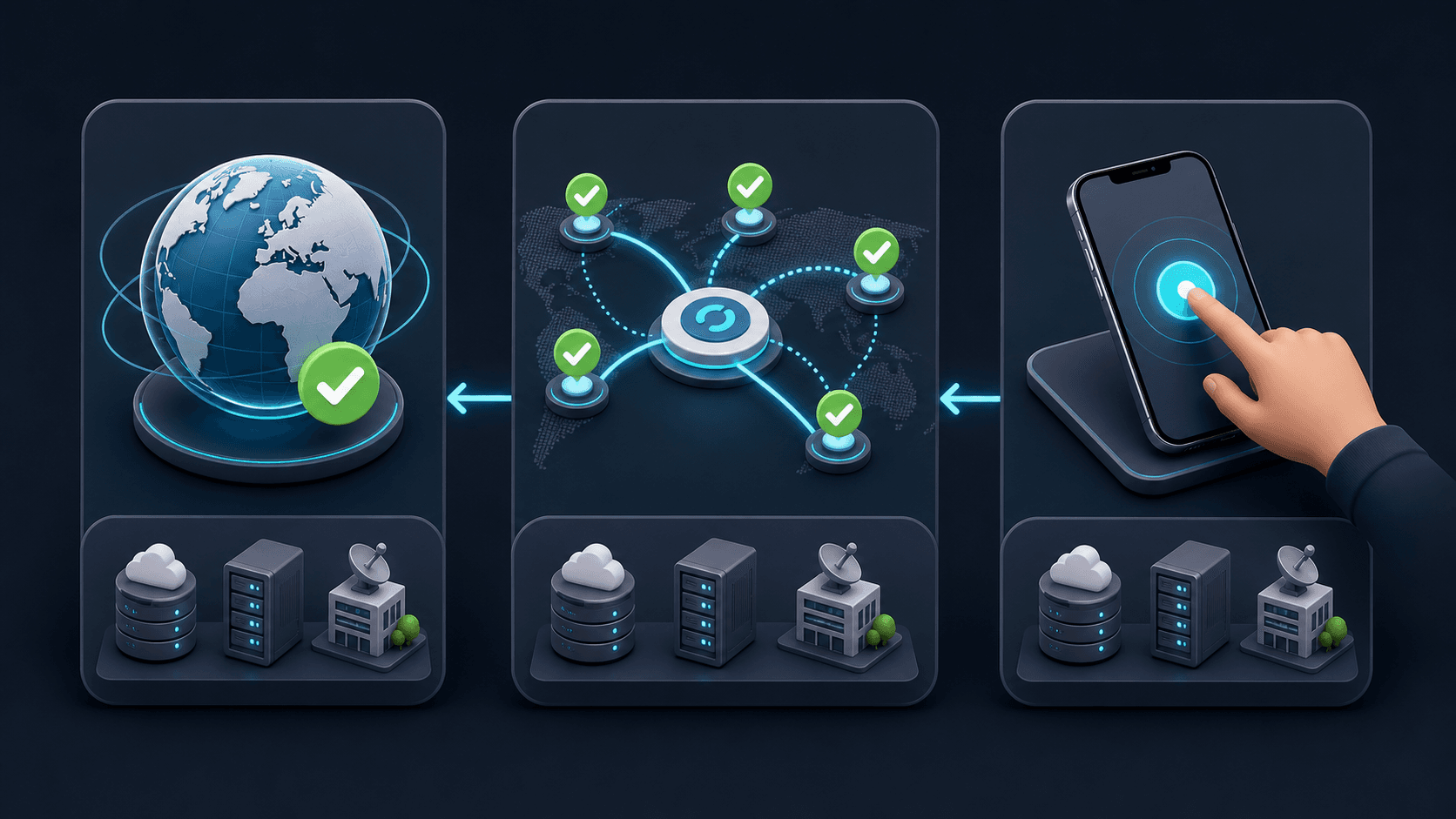 A right-to-left visual showing tap connect, choose a verified route, and reach the open web